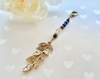 Gold Leaf Formal Dress Zipper Pull (Blue Pearls, Gold Leaf Pendant, Party Dress Accessories, Zipper Pull, Zipper Charms, Dress Zipper Charm)