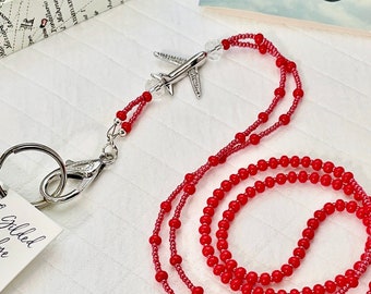 Red Airplane ID Lanyard for Flight Attendant and Pilot (Airline ID, Beaded ID Lanyard, Red Lanyard, with Airplane Bead, Red Beads, Jewelry)