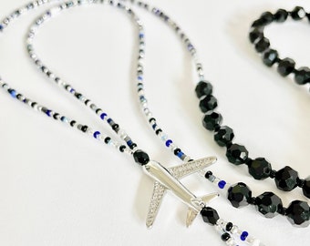 Airline ID for Pilots and Flight Attendants (Black, Blue, Silver, Gray Beaded ID Lanyard, with Airplane Bead, Airplane Jewelry, Necklace ID)