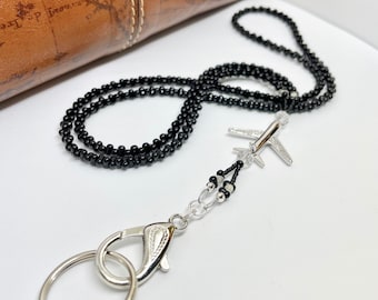 Glass Braid Black Airplane Lanyard (Black Beaded ID Lanyard, with Airplane Bead, Flight Crew Jewelry, Airline ID Lanyard, Black Beads, ID)