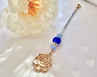 Blue Flower Zipper Pull (Formal Dress Accessory, Blue Zipper Charm, Dress Zipper Helper, Special Event Jewelry, Dress Jewelry, Gold Flower)