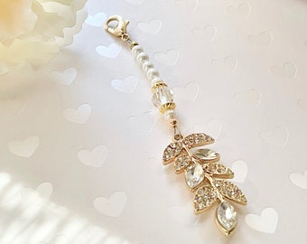 Gold Leaf Formal Dress Zipper Pull (White Pearl, Gold Leaf Pendant, Party Dress Accessories, Zipper Pull, Zipper Charms, Dress Zipper Charm)