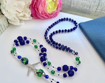 Airplane ID Lanyard, Blue Disco Beads, Pilot Gift