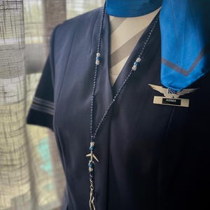 UAL Dark Blue Airplane ID Lanyard (Blue Pearls, Silver Airplane Jewelry, Aviation Gift, Flight Attendant & Pilot, Beaded Lanyard, Airplanes)