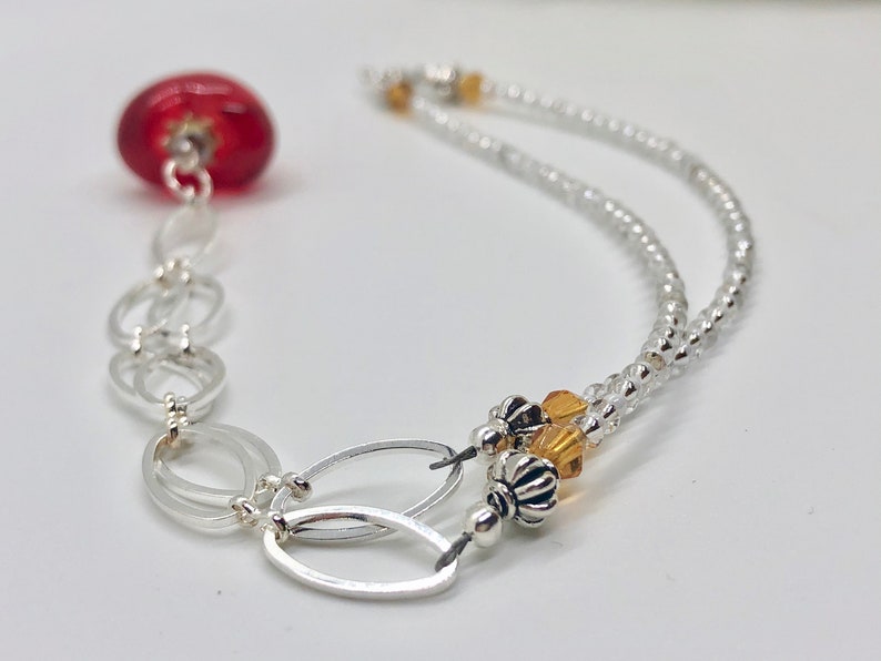 Sweet Heart Pendant on Beaded Chain Necklace with Amber and White Beads