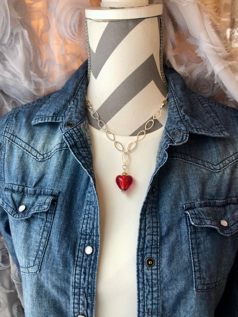 Sweet Heart Pendant on Beaded Chain Necklace with Amber and White Beads