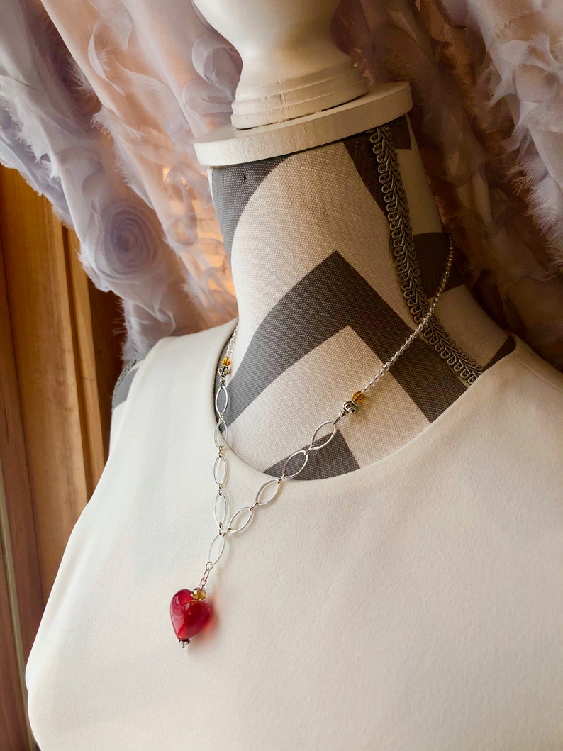 Sweet Heart Pendant on Beaded Chain Necklace with Amber and White Beads