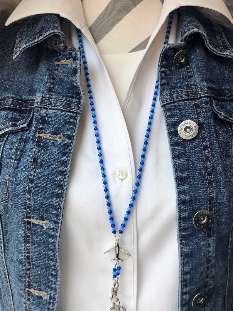 and Blue Beads Star Clasp Flight Attendant ID Lanyard with Silver Airplane