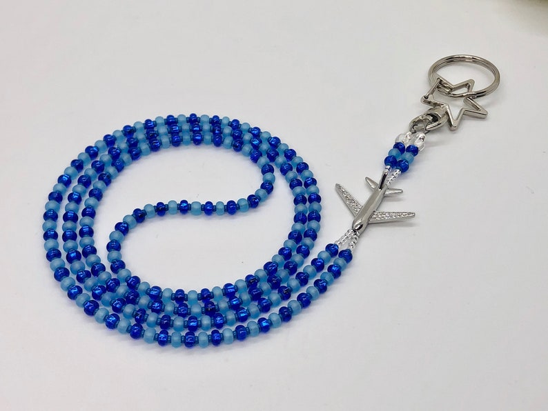 and Blue Beads Star Clasp Flight Attendant ID Lanyard with Silver Airplane