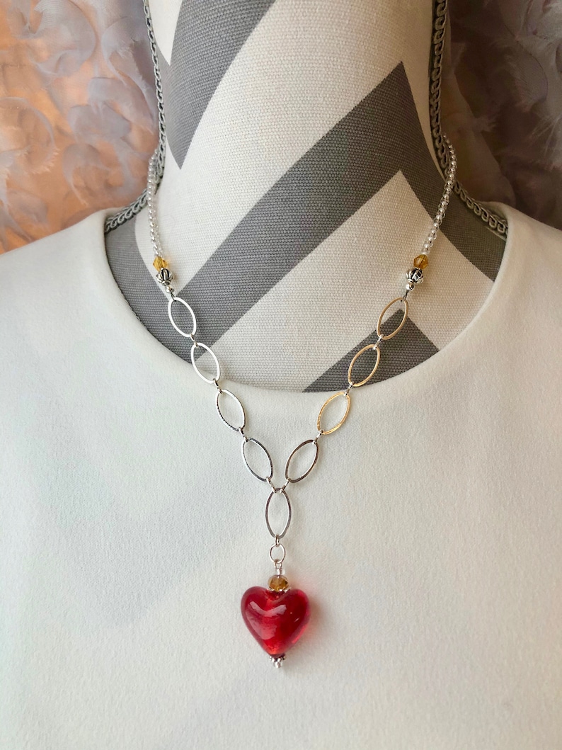 Sweet Heart Pendant on Beaded Chain Necklace with Amber and White Beads