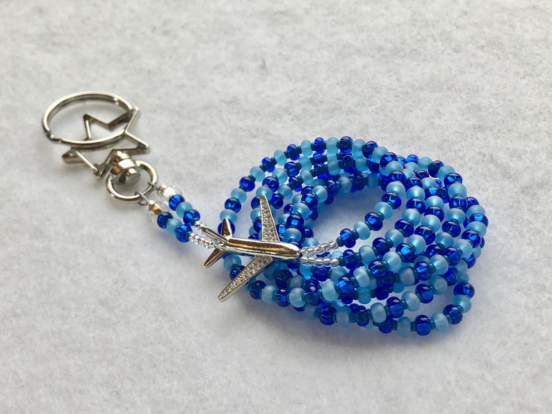 and Blue Beads Star Clasp Flight Attendant ID Lanyard with Silver Airplane