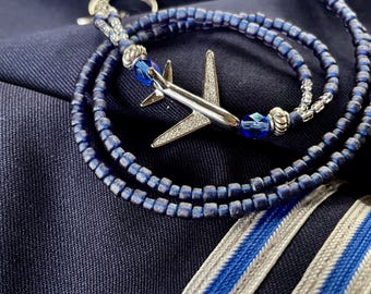 Dark Navy Blue Airplane Lanyard (ID Badge Lanyard, Flight Attendant ID, Beaded ID, with Airplane, Blue Lanyard, Pilot Gift, Beaded Necklace)