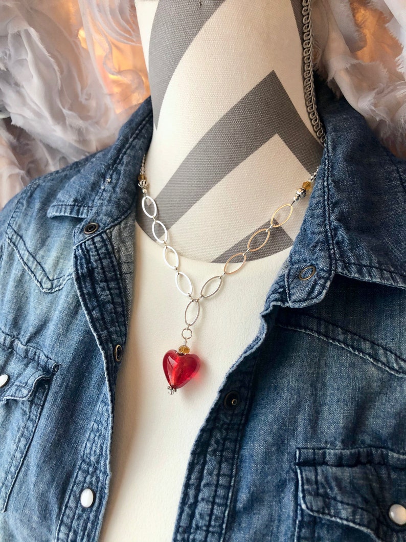 Sweet Heart Pendant on Beaded Chain Necklace with Amber and White Beads