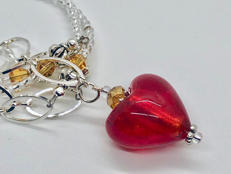 Sweet Heart Pendant on Beaded Chain Necklace with Amber and White Beads