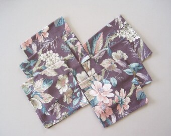 Set of 6 Vintage Dinner Cloth Napkins Floral Birds Plum Purple Pink Green Beige Traditional Style