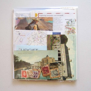 Scandinavian Summer Travel Themed Paper Ephemera Kit 40 + Pieces Book Pages Maps Postcards Postal Stamps Denmark Sweden Norway Finland
