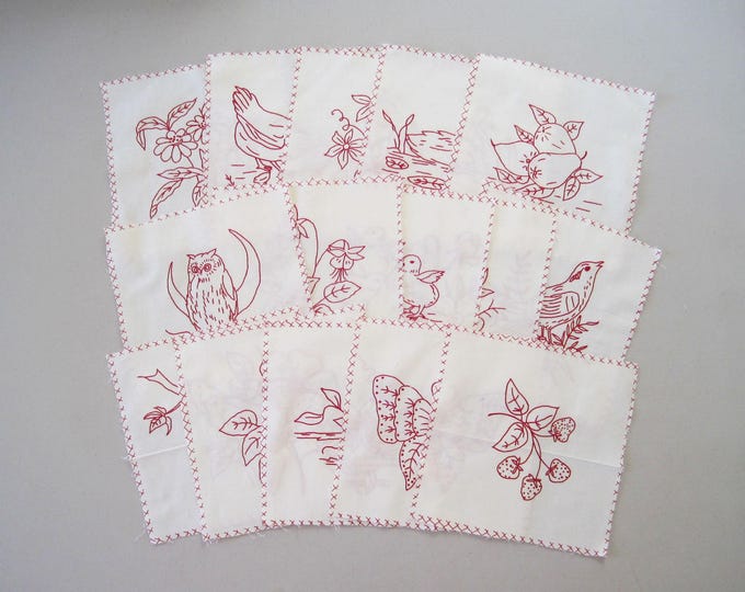 Redwork Blocks Bundle of 15 Faux Redwork Embroidery Squares Blocks Flowers Fruits ...