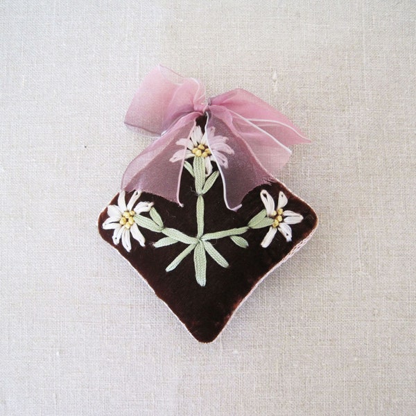 Vintage Victorian Style Square Velvet Pincushion Ribbon Embroidery 3.5” x 3.5” Flowers Wine Maroon 2 Available