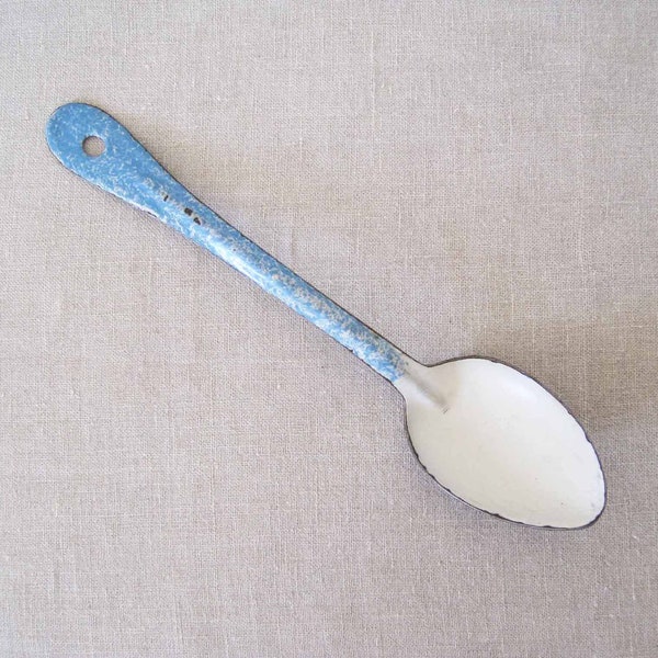 Antique Enamel Ware Spoon Blue White Speckled Cooking Serving Camping Chuck Wagon Worn Distressed Rustic Primitive Cabin Ranch Decor Country