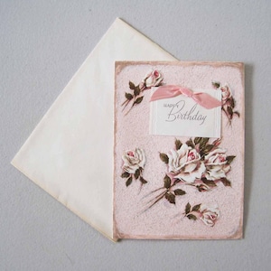 1940s Happy Birthday Pink Roses Ribbon Mica Sparkly Greeting Card Unused Blank Two Fold Embossed