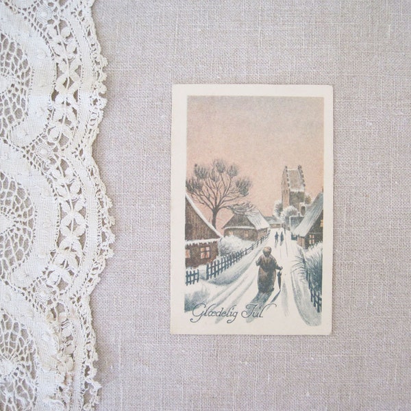 1928 Vintage Danish Christmas Postcard Used Lundby Postmark Winter Scene White Border