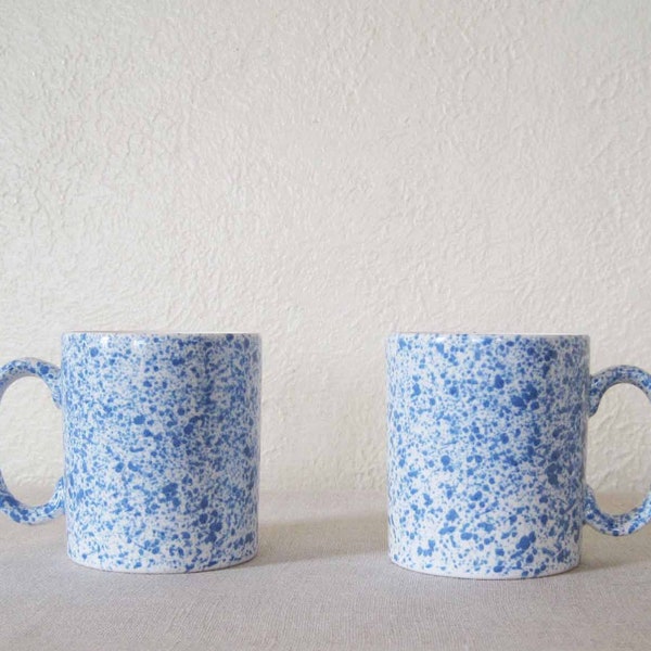 Set 2 Market Square Coffee Tea Mugs Cups Speckled Blue White Spongeware Ironstone Ware Japanese Japan Country Style Rustic Cabin Lake House