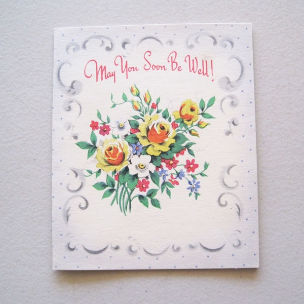 Vintage Gibson Get Well Two Fold Greeting Card with Envelope Unused Floral Bouquet Roses Orange Yellow