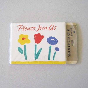 Vintage Hallmark Party Invitations Set of 8 Cards Mod Flowers Yellow Red Blue Green