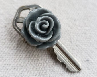 Brooch, Key and Gray Rose Pin