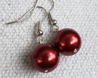 Minimalist Red Pearl Earrings, Simple Small Earrings