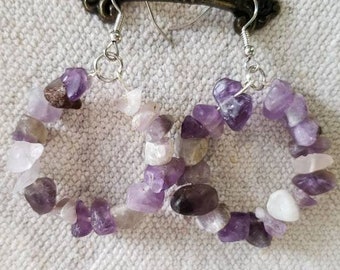 Matte Amethyst Hoop Earrings, Multicolored Hoop Earrings, Dangle Earrings, Stone Earrings, Purple Hoop Earrings