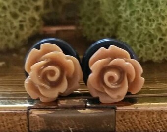 Small Light Brown Flower Plugs, Light Brown Wedding Plugs Caramel Brown Rose Plugs, Caramel Prom Plugs, Small Plugs