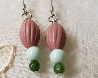 Dangle & Drop Earrings, Vintage Re-purposed Earrings, Dangle Earrings, Pink Earrings, Mint Green Earrings, Green Earrings, Simple Earrings