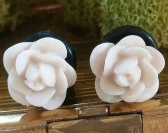 Taupe Flower Plugs, Taupe Wedding Plugs, Taupe Bridal Plugs, Taupe Prom Plugs, Taupe Rose Plugs