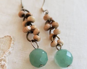 Stone and Wood Long Dangle Earrings, Green Aventurine and Wooden Earrings