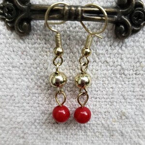 Simple Gold and Red Earrings, Minimalist Earrings, Red Earrings, Gold Earrings