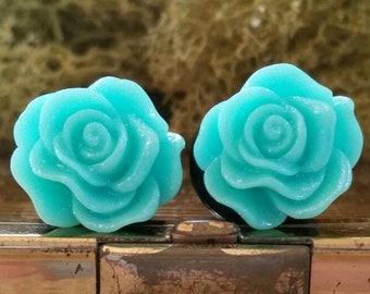 Aqua Blue Flower Plugs, Aqua Blue Wedding Plugs, Aqua Blue Rose Plugs, Aqua Blue Prom Plugs, Aqua Blue Bridesmaid Plugs, Blue Bridal Plugs