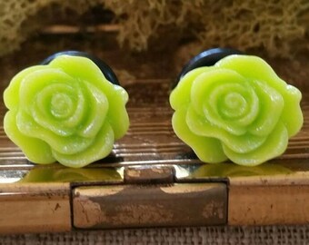 Flower Plugs, Wedding Gauges, Sparkly Lime Green Roses