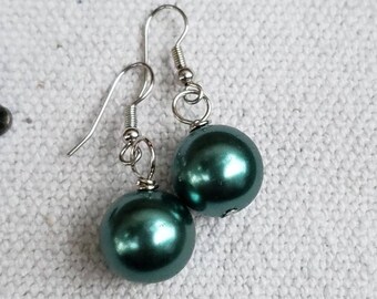 Minimalist Teal Pearl Earrings, Simple Small Earrings