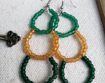 Triple Hoop Green, Gold,  Bold Statement Earrings