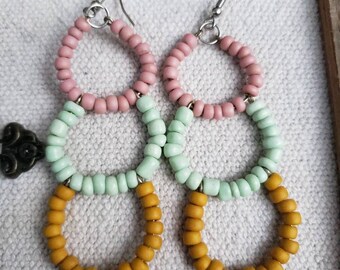 Triple Hoop Earrings, Pink, Mint Green, Mustard, Bold Statement Earrings