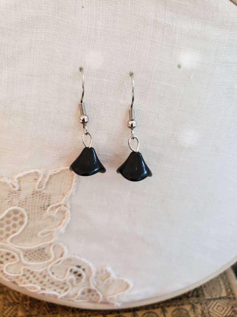 Minimalist Black Czech Glass Flower Earrings, Simple Earrings, Small Black Earrings image 1