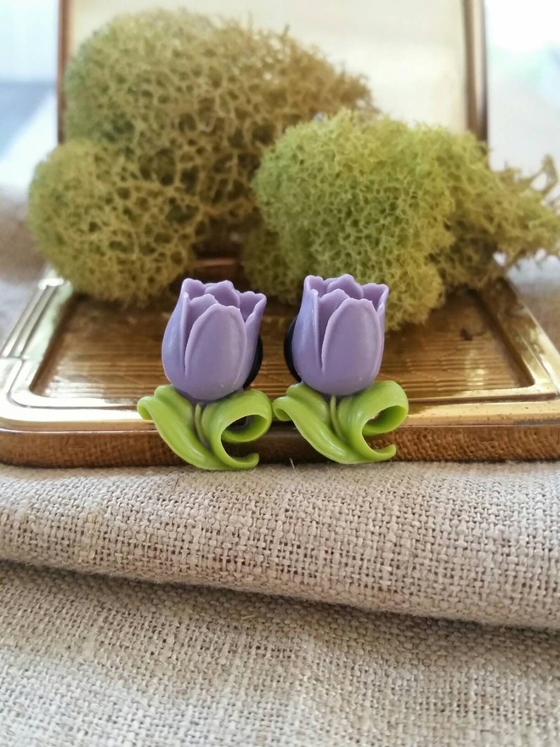 Flower Plugs Wedding Gauges Purple Tulips Etsy