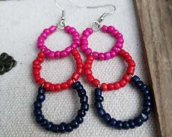 Triple Hoops, Pink, Red,  Blue, Bold Statement Earrings