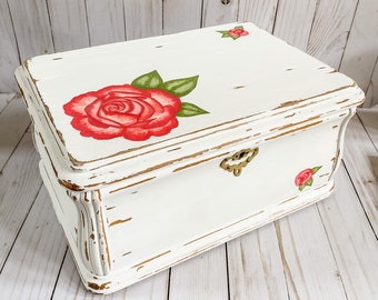 Refurbished Jewelry Box with Decorative Lock, Cottagecore Handpainted Pink Rose, Vintage White Wood Box with Mirror, Necklaces Rings Brooch