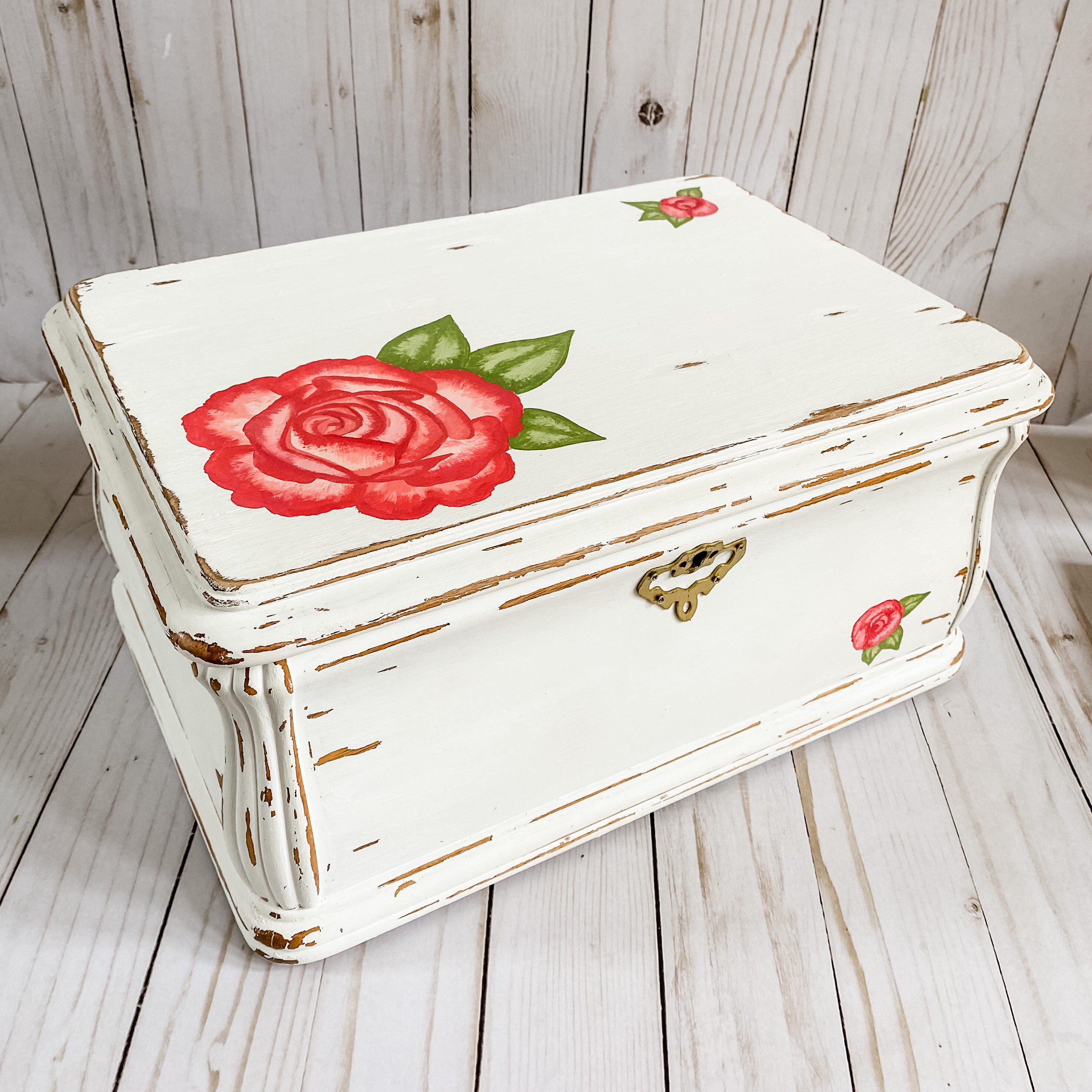 Rustic Distressed Floral Rose Jewelry Box Large Pink Red Etsy