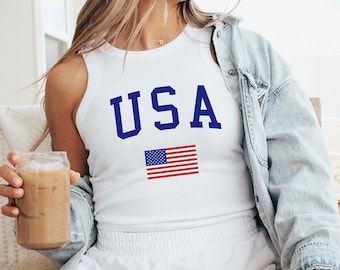 Camiseta sin mangas estilo racerback de EE. UU., camiseta sin mangas del 4 de julio, camiseta del 250 aniversario de EE. UU., camiseta del Día de los Caídos, camiseta patriótica con la bandera estadounidense, camiseta clásica de EE. UU.