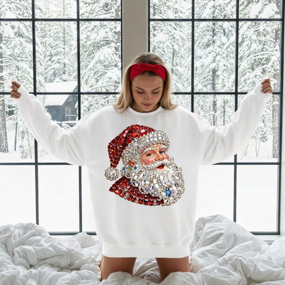 Rhinestone Santa Sweatshirt, Christmas Womens Apparel, Festive Santa Shirt, Christmas Crewneck, Christmas Holiday Sweaters