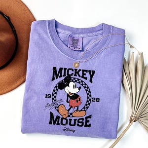 a purple mickey mouse shirt next to a straw hat