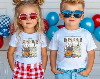Camiseta "Bonjour" de Los Aristogatos, camiseta infantil de Marie Toulouse Berlioz, mono infantil de Disney, top infantil con vista a París, camiseta con un lindo gato de dibujos animados, camiseta estilo francés